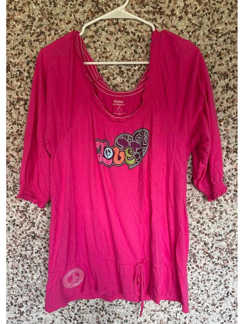 Disneyland Pink LOVE Tunic Top Size L Peace Sign Hippie Boho Pullover